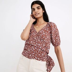 MADEWELL - Puff-Sleeve Wrap Crop Top in Batik Vine size XS